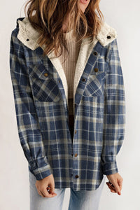 Peacock  Blue / S Plaid Snap Down Hooded Jacket