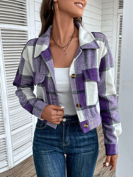 Perfee Plaid Button Up Drop Shoulder Cropped Jacket