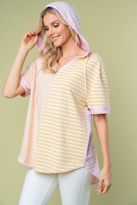 Pink Combo / S White Birch Full Size Striped Short Sleeve Drawstring Hooded Top