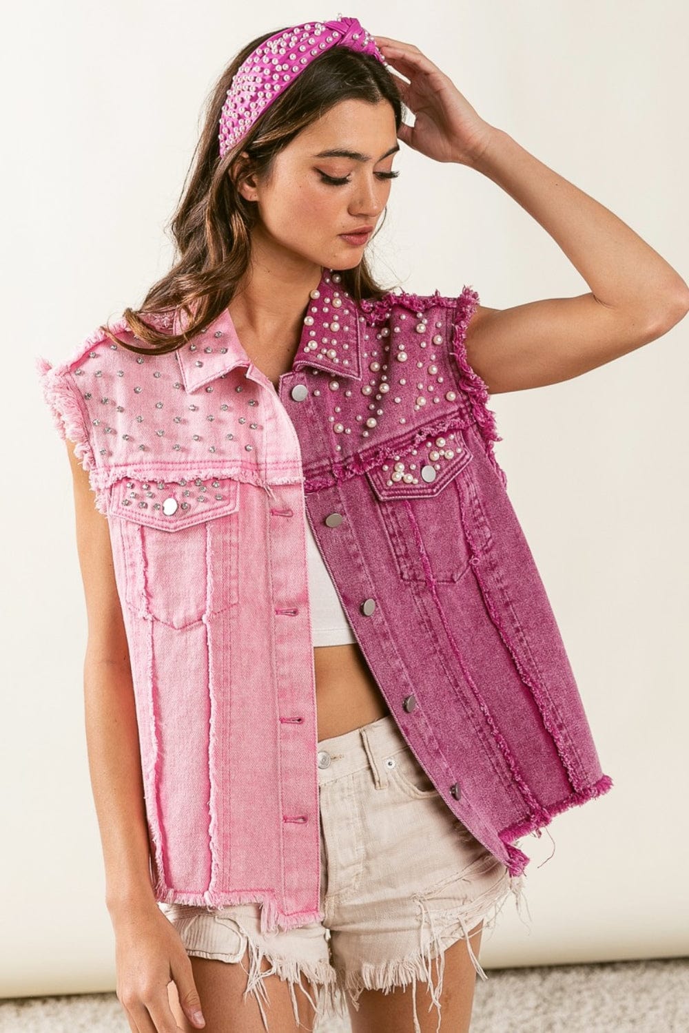 Pink/Fuchsia / S BiBi Pearl & Rhinestone  Decor Contrast Raw Hem Vest Coat