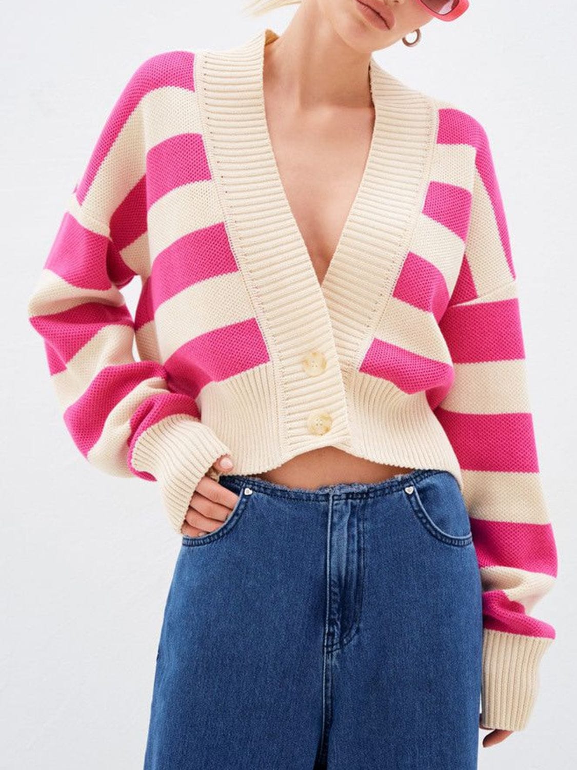 Pink / One Size Striped Button Down Drop Shoulder Cardigan