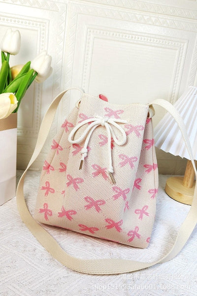 Pink / One Size Zenana Ribbon Bowknot Pattern Crossbody Bucket