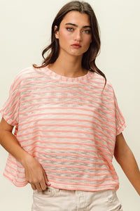 Pink / S BiBi Braid Striped Short Sleeve Round Neck T-Shirt