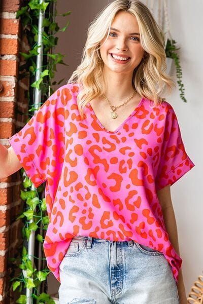 PINK / S First Love Leopard V-Neck Short Sleeve Woven Top