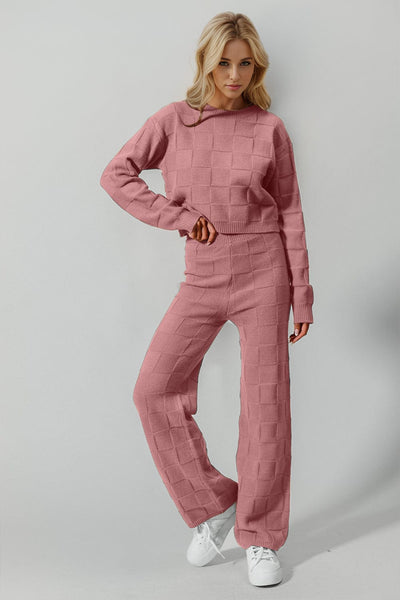 Pink / S/M Double Take Full Size Checkered Round Neck Top and Pants Set