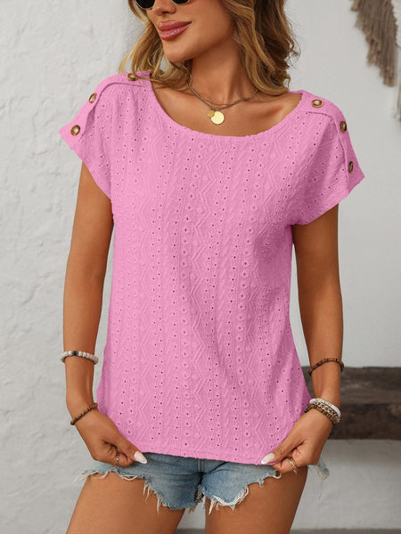 Pink / S Mandy Eyelet Round Neck Short Sleeve Top