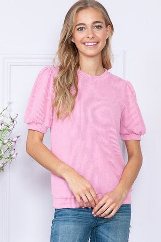 PINK / S Reborn J Ribbed Round Neck Short Sleeve Top