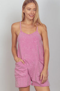 Pink / S VERY J V-Neck Sleeveless Washed Romper