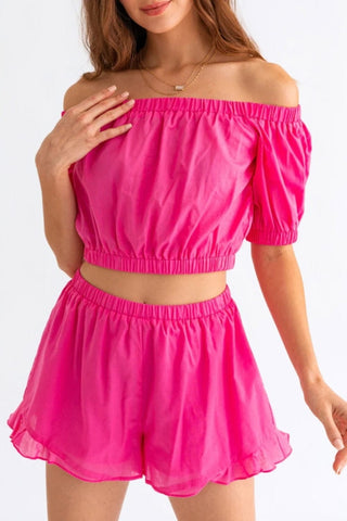 Pink / XS Tasha Apparel Off Shoulder Crop Top and Ruffled Shorts Set