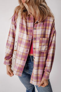 Plaid / S Plaid Collared Neck Long Sleeve Shacket