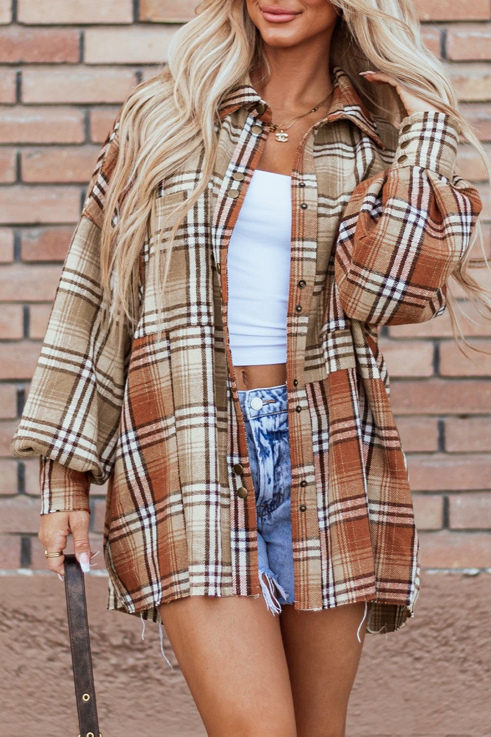 Plaid / S Plaid Snap Down Dropped Shoulder Shacket