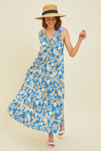 Pool Blue / S HEYSON Full Size Printed Crochet Trim Maxi Dress