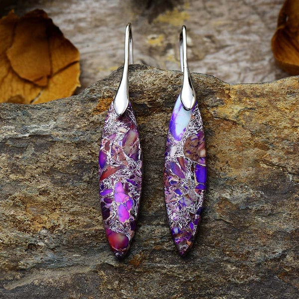 Purple/Silver / One Size Copper Natural Stone Geometric Shape Earrings