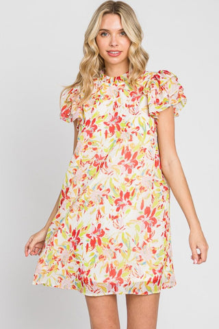 Red/Green / S GeeGee Floral Short Sleeve Mini Dress
