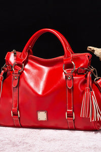 Red / One Size PU Leather Handbag with Tassels