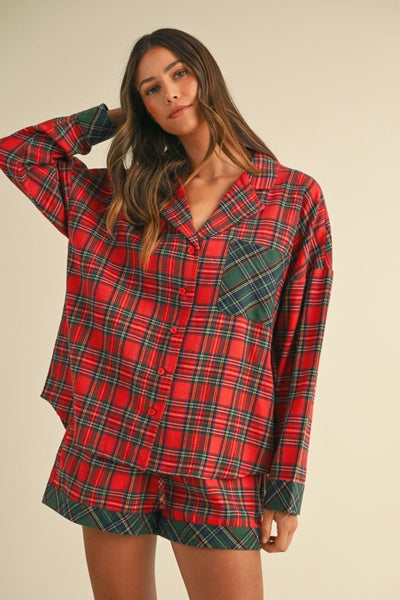 Red / S Annie Wear Contrast Plaid Long Sleeve Top and Shorts Set