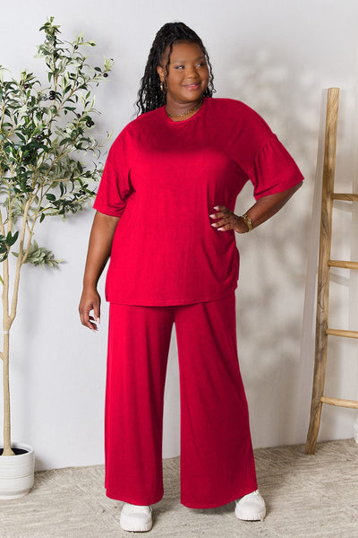 Red / S Double Take Full Size Round Neck Slit Top and Pants Set