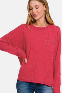 Red / S/M Zenana Full Size Contrast Stitching Brushed Ribbed Hacci Knit Top