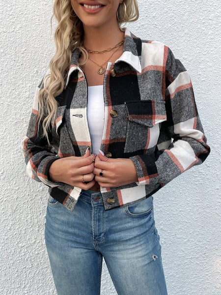 Red / S Perfee Plaid Button Up Drop Shoulder Cropped Jacket