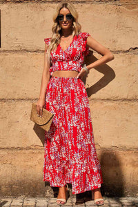 Red / S Printed Tie Back Cropped Top and Maxi Skirt Set