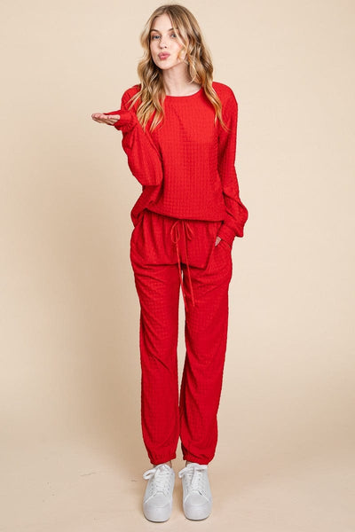 Red / S Super Lady Full Size Crinkle Check Round Neck Top and Pants Lounge Set