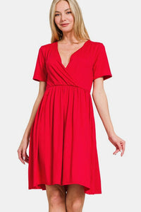 Red / S Zenana Surplice Short Sleeve Brushed DTY Dress