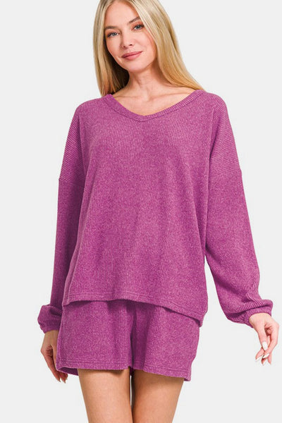 Red-Violet / S Zenana V-Neck Long Sleeve Ribbed Top and Shorts Set