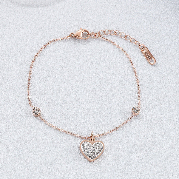 Rose Gold / One Size Inlaid Rhinestone Titanium Steel Heart Bracelet