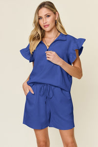 Royal  Blue / S Double Take Full Size Texture Flounce Sleeve Top and Drawstring Shorts Set