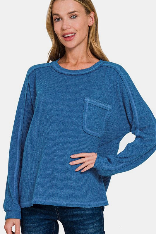 Royal Blue / S/M Zenana Full Size Contrast Stitching Brushed Ribbed Hacci Knit Top Plus Size