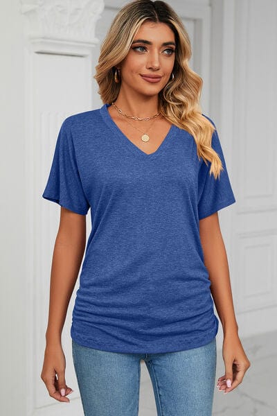 Royal  Blue / S Ruched V-Neck Short Sleeve T-Shirt