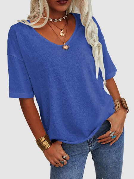 Royal Blue / S V-Neck Dropped Shoulder Half Sleeve T-Shirt