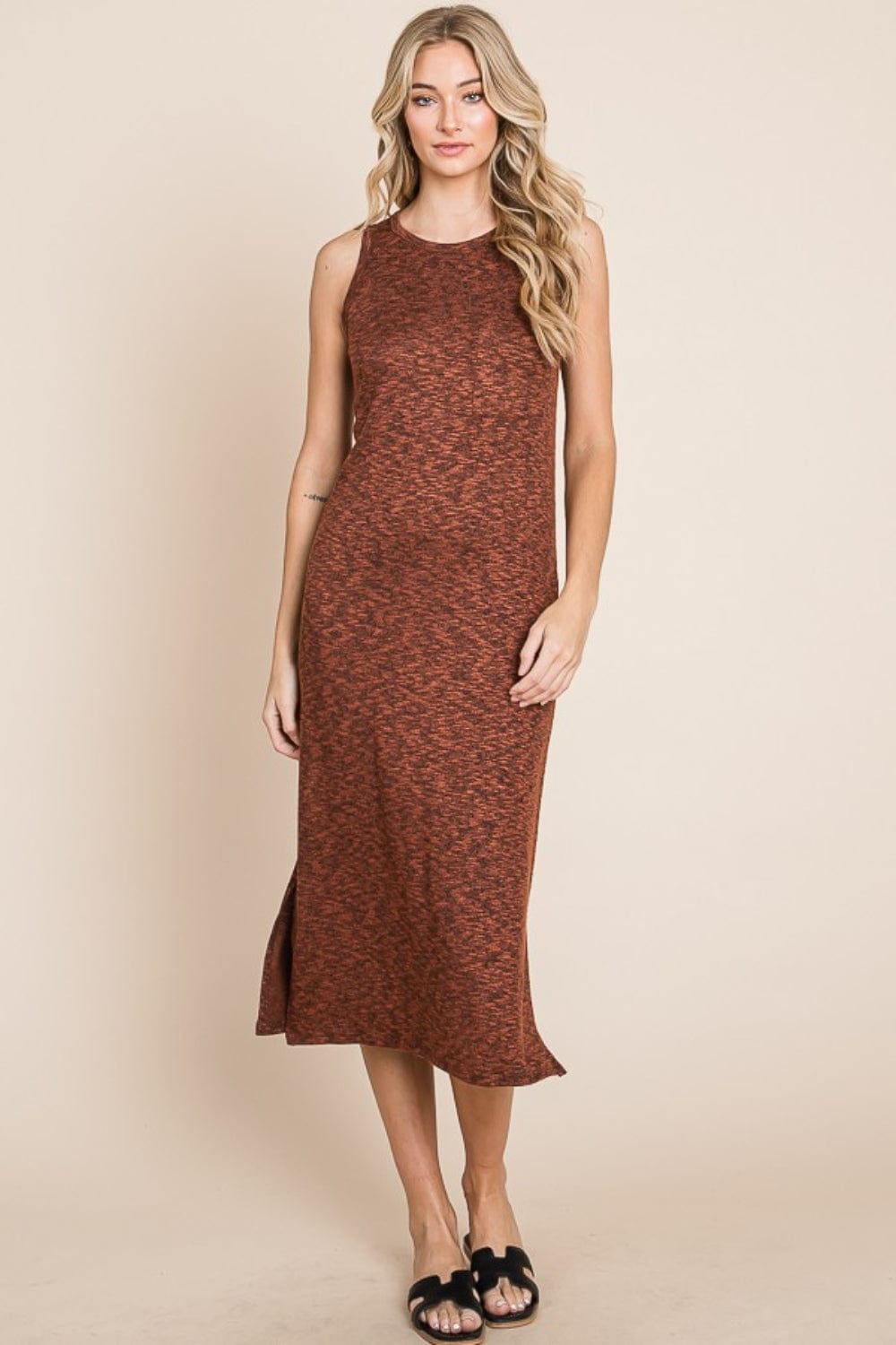 Rust / S BOMBOM Slit Round Neck Sleeveless Midi Dress