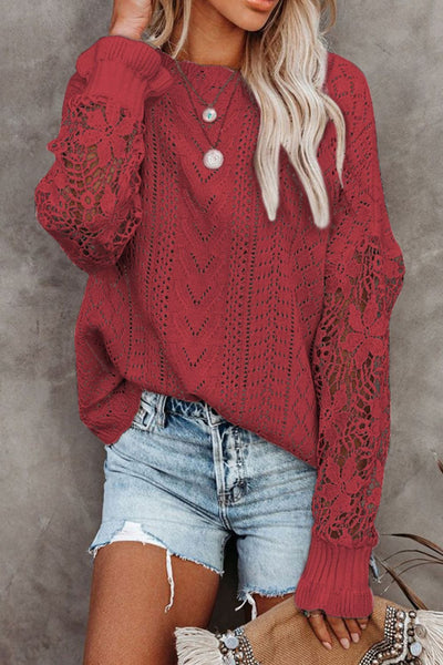 Rust / S Openwork Round Neck Long Sleeve Sweater