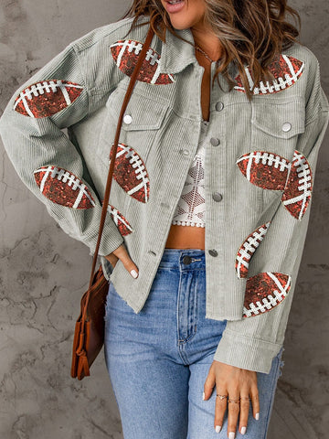 Sage / M Football Sequin Button Up Dropped Shoulder Jacket