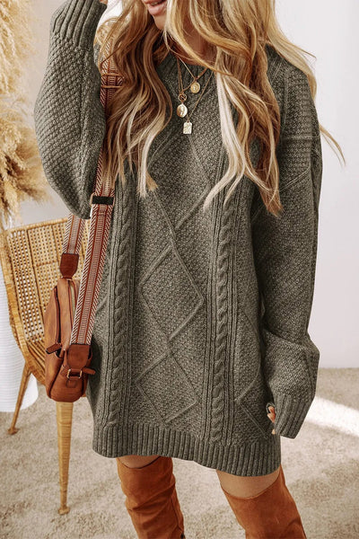 Sage / S Cable-Knit Round Neck Sweater Dress