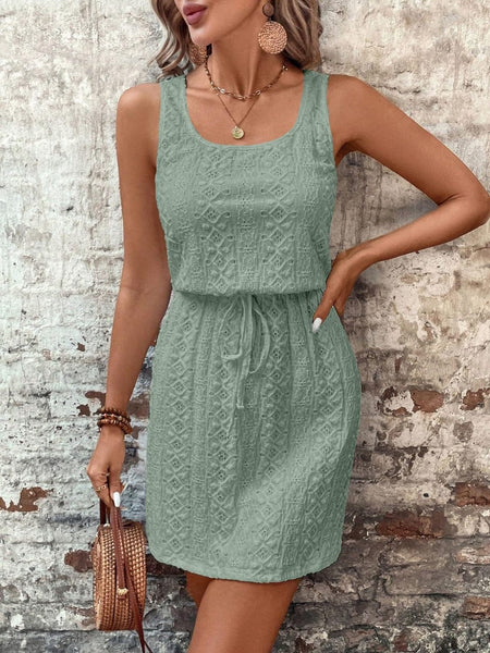 Sage / S Eyelet Drawstring Round Neck Sleeveless Dress