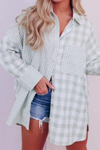 Sage / S Pocketed Plaid Collared Neck Long Sleeve Shirt