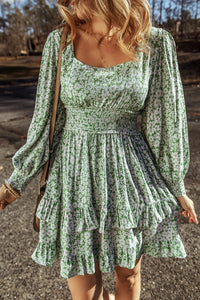 Sage / S Ruffle Hem Floral Square Neck Long Sleeve Dress