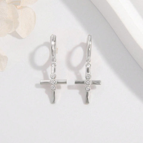 Silver / One Size 925 Sterling Silver Zircon Cross Earrings