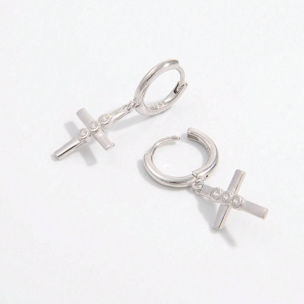 Silver / One Size 925 Sterling Silver Zircon Cross Earrings