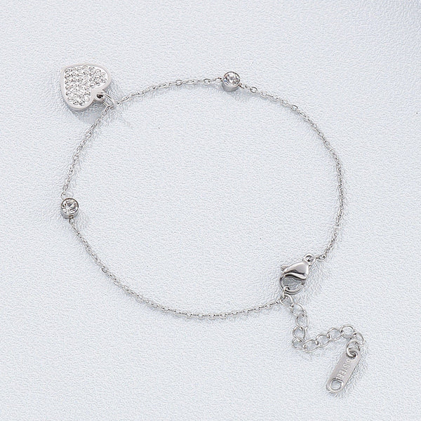 Silver / One Size Inlaid Rhinestone Titanium Steel Heart Bracelet