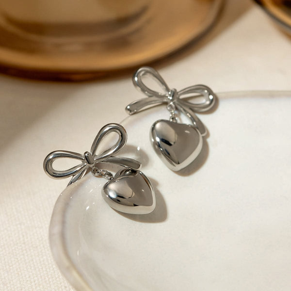 Silver / One Size Stainless Steel Bow & Heart Drop Earrings