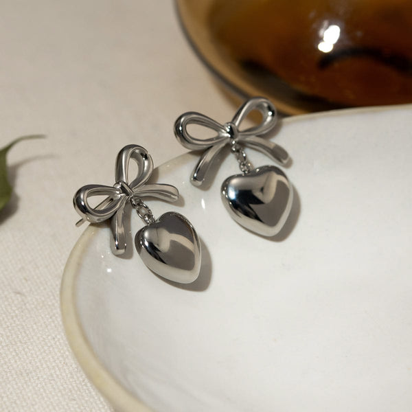 Silver / One Size Stainless Steel Bow & Heart Drop Earrings