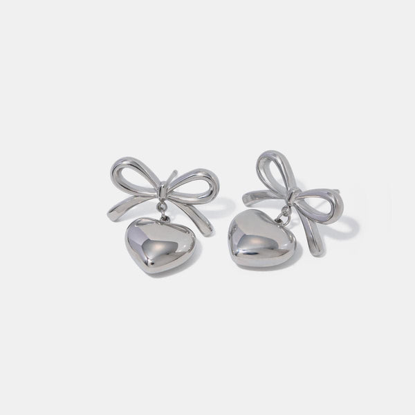 Silver / One Size Stainless Steel Bow & Heart Drop Earrings