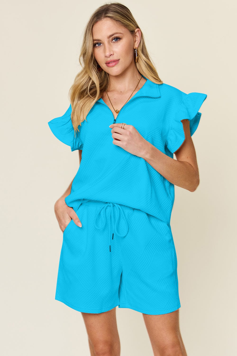 Sky Blue / S Double Take Full Size Texture Flounce Sleeve Top and Drawstring Shorts Set