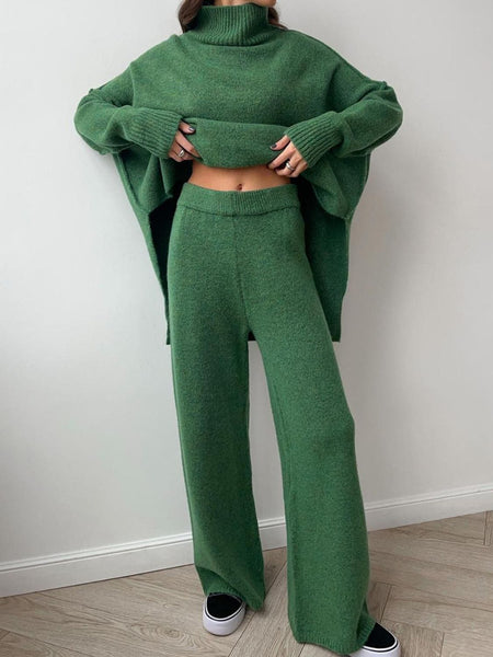 Slit Turtleneck Long Sleeve Top and Pants Sweater Set