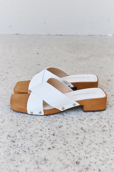 Step Into Summer Criss Cross Wooden Clog Mule in White