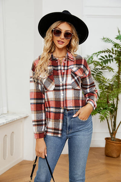 Strawberry / S Button Down Collared Plaid Shacket