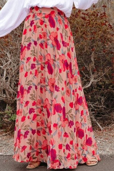 Strawberry / S Printed Elastic Waist Pleated Maxi Skirt